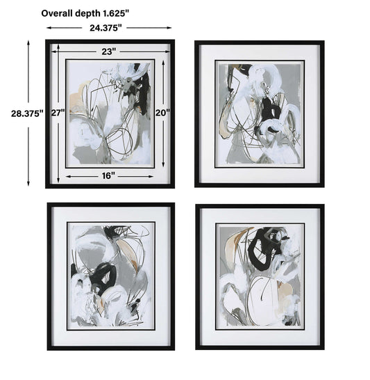 Tangled Threads - Abstract Framed Prints (Set of 4) - Pearl Silver
