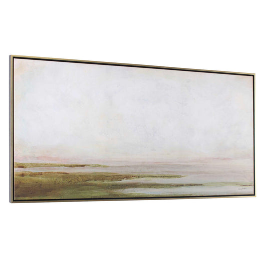 Hazy Lake - Framed Landscape Art - Gold / Gray / Green / Light Blue