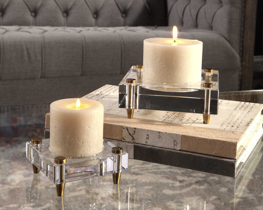 Claire - Crystal Block Candleholders (Set of 2) - Beige