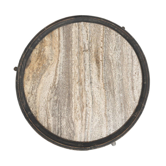 Dakota - Round Coffee Table - Weathered Black/Travertine