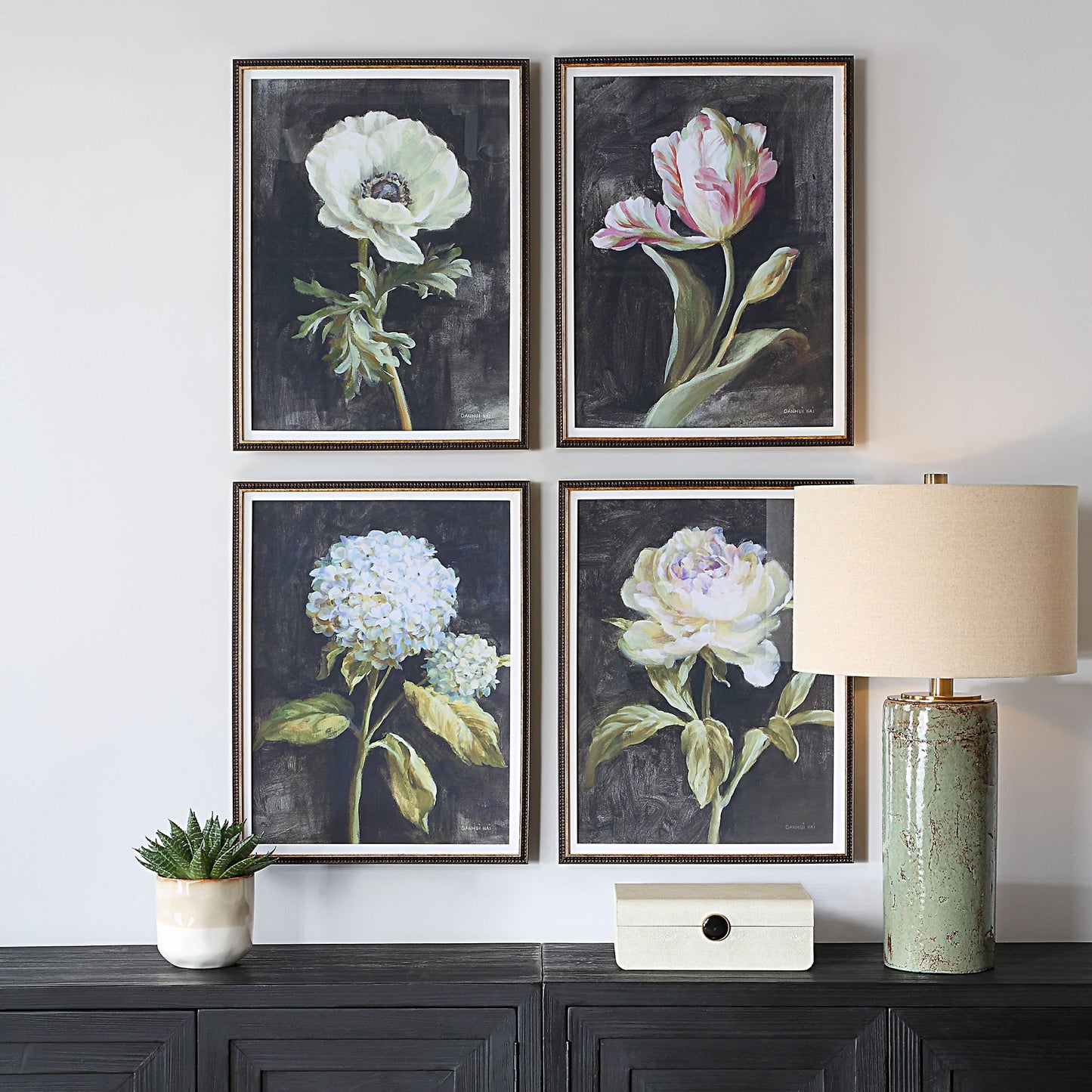 Florals On Black - Framed Prints (Set of 4) - Black