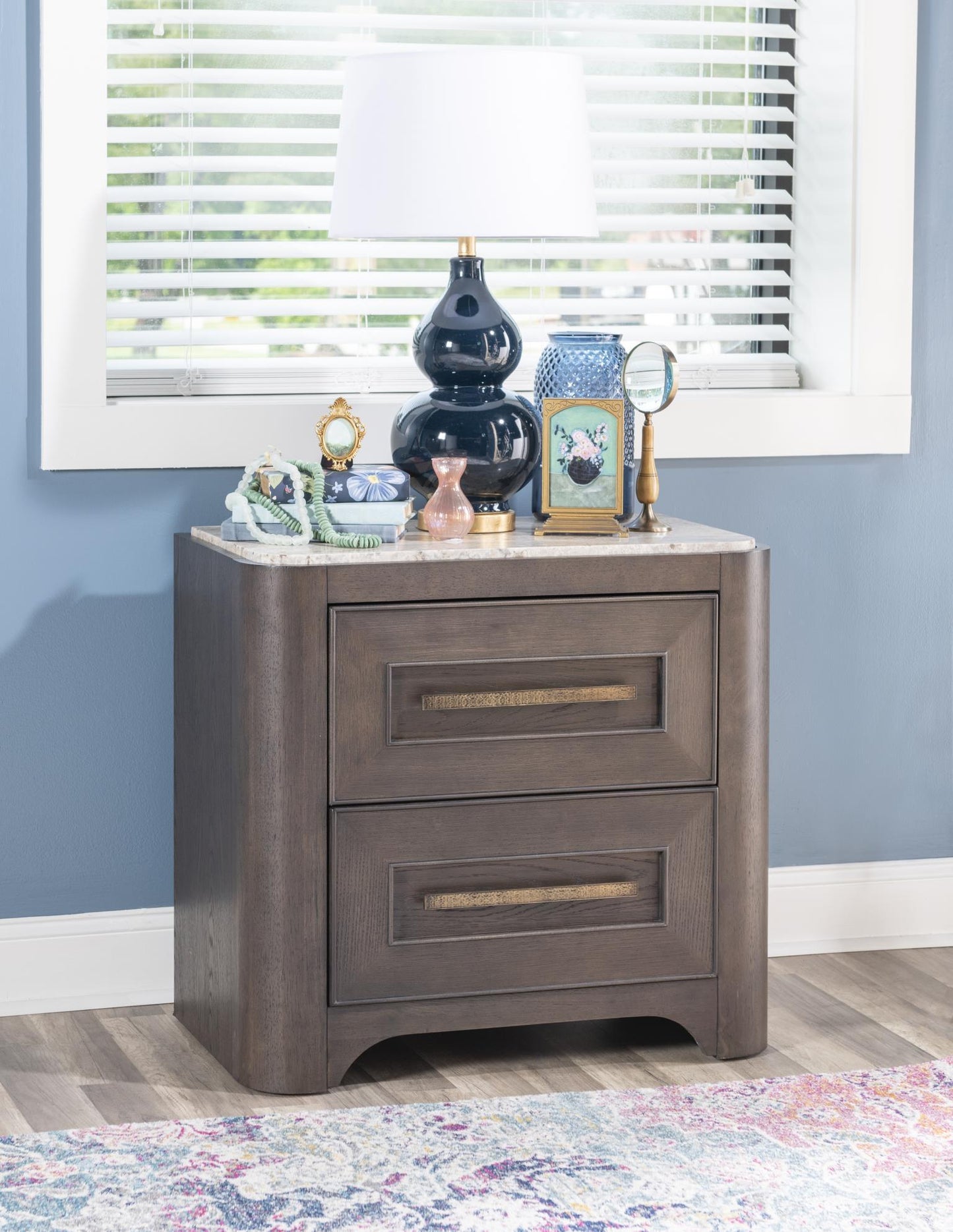 Lancia - 2 Drawer Nightstand With Stone Top - Charred Oak / White