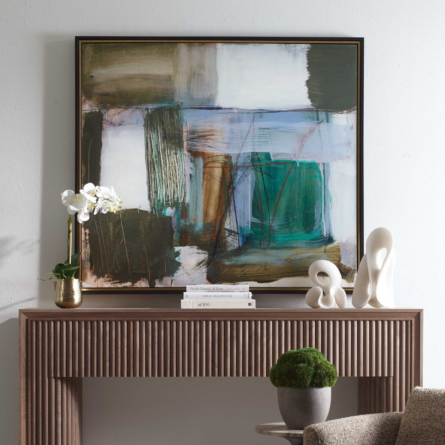 Green Fields - Framed Abstract Canvas - Black / Blue / Green / Orange / White / Yellow