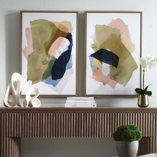 Abstract Afternoon - Framed Canvases (Set of 2) - Blue / Green / Pink / White / Woodtone / Yellow