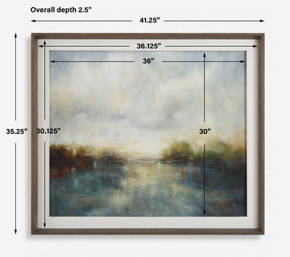 Blue Reverie - Framed Abstract Lake Print - Light Brown