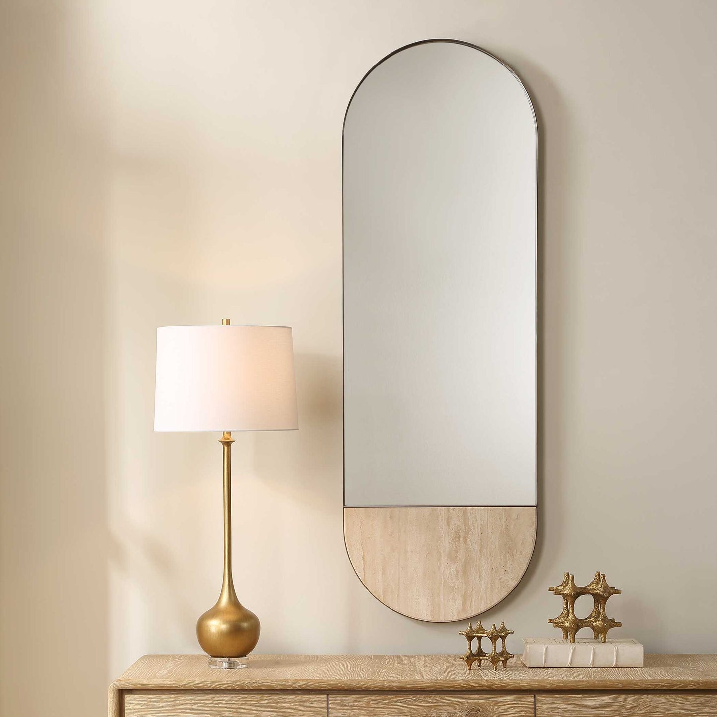Russo - Travertine Tall Oval Mirror - Bronze / Brown / Gold