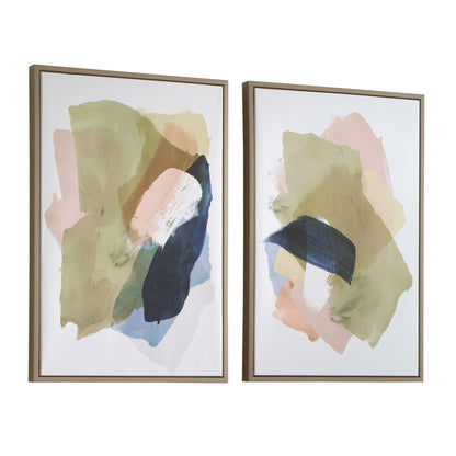 Abstract Afternoon - Framed Canvases (Set of 2) - Blue / Green / Pink / White / Woodtone / Yellow