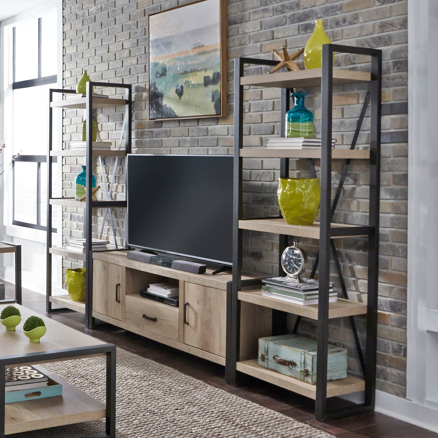 Sun Valley - Entertainment Center With Piers (Metal Side Drawers) - Light Brown