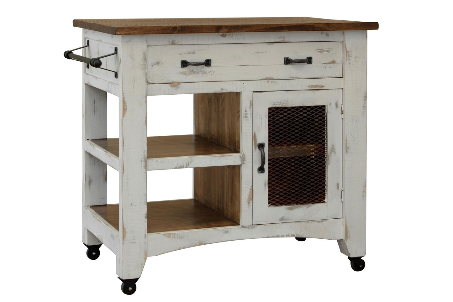 Pueblo - Kitchen Island With 1 Drawer / 1 Mesh Door - Antiqued White / Brown