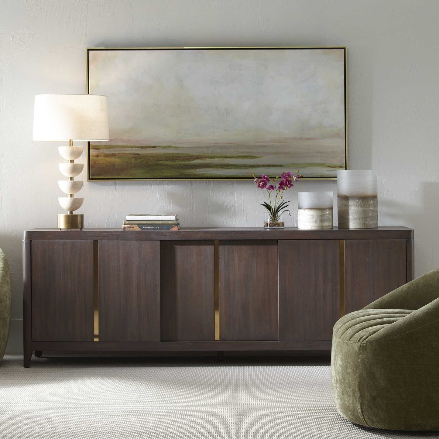 Hazy Lake - Framed Landscape Art - Gold / Gray / Green / Light Blue