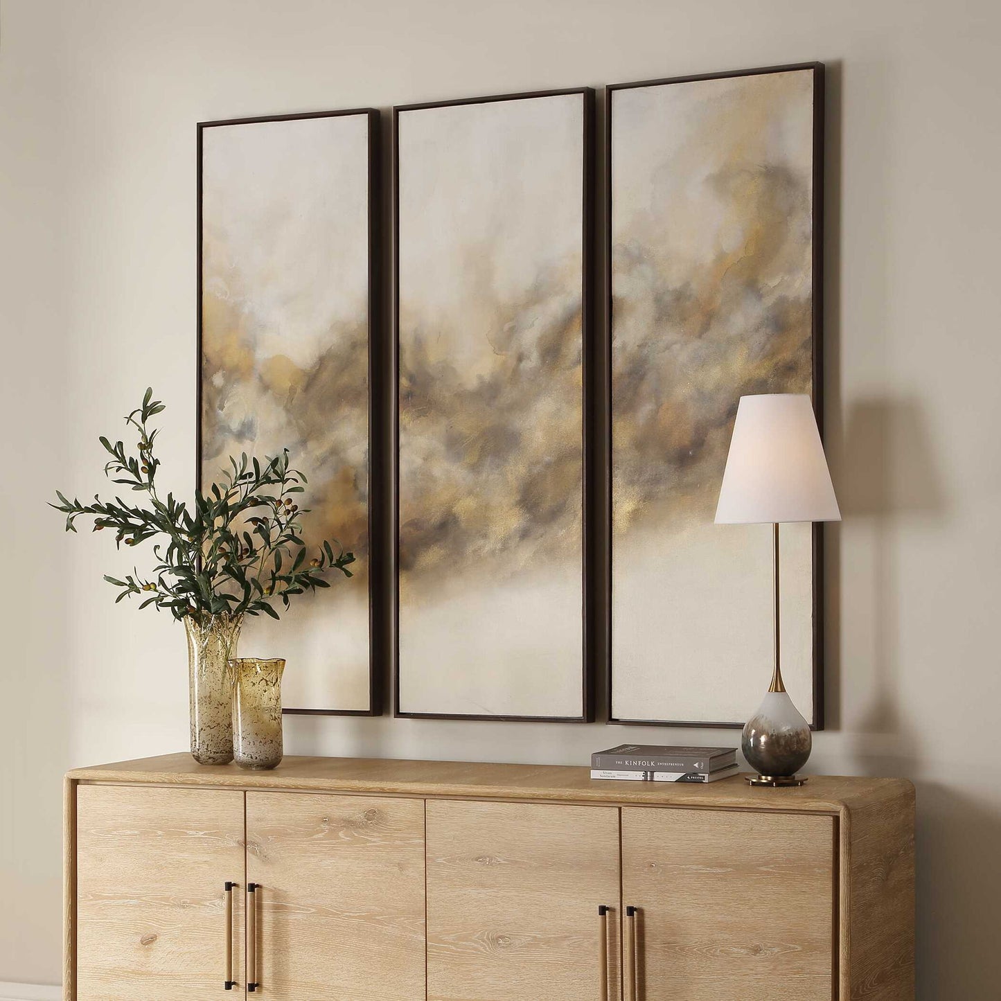 Smoke Break - Hand Painted Modern Art (Set of 3) - Black / Gray / Orange / Woodtone / Yellow