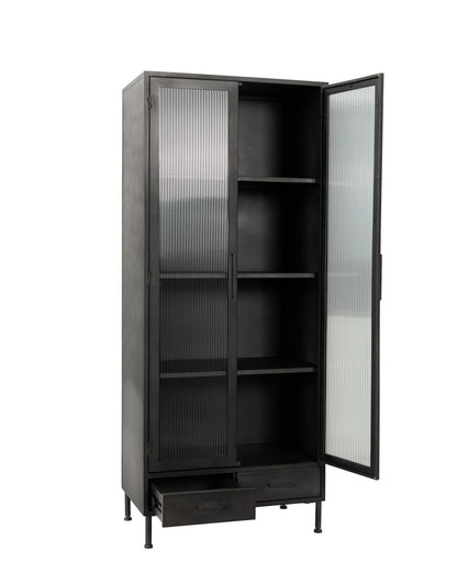 Nore - Metal/Glass 2 Door 2 Drawers Tall Cabinet - Black